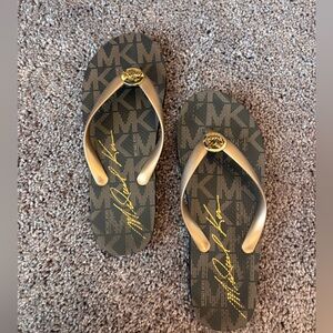 Michael Kors Gold and Black Sandals with Signature MK Design
